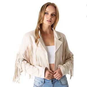 SAINTS & HEARTS WOMEN'S FAUX SUEDE CROPPED FRINGE JACKET sz L